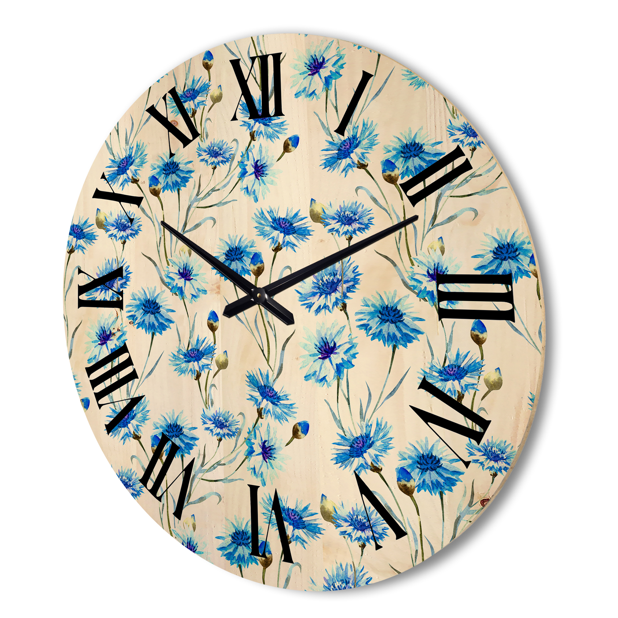 Designart 'Blue Cornflowers With Green Leaves On White II' Traditional Wood Wall Clock