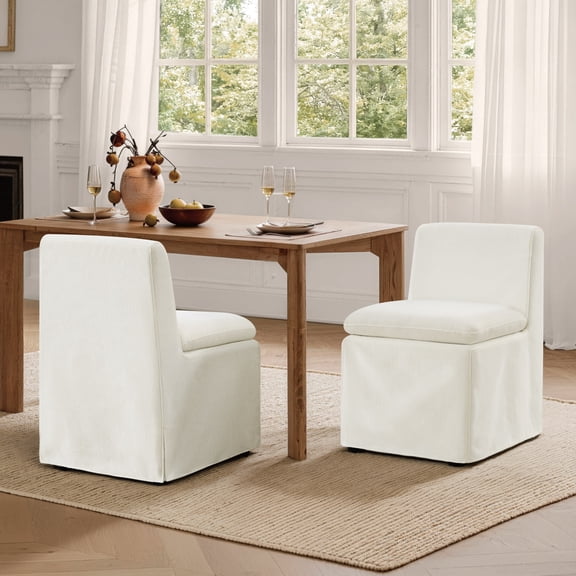 Spruce & Spring Armless Dining Chair with Casters and Washable Slipcover Set of 2, Linen in Fabric