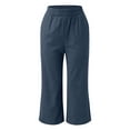 thumbnail image 6 of Glonme Summer Pants for Women Casual Pockets Cotton Linen Wide Leg Drawstring Elastic Waist Capris Crop Pants Blue M, 6 of 7
