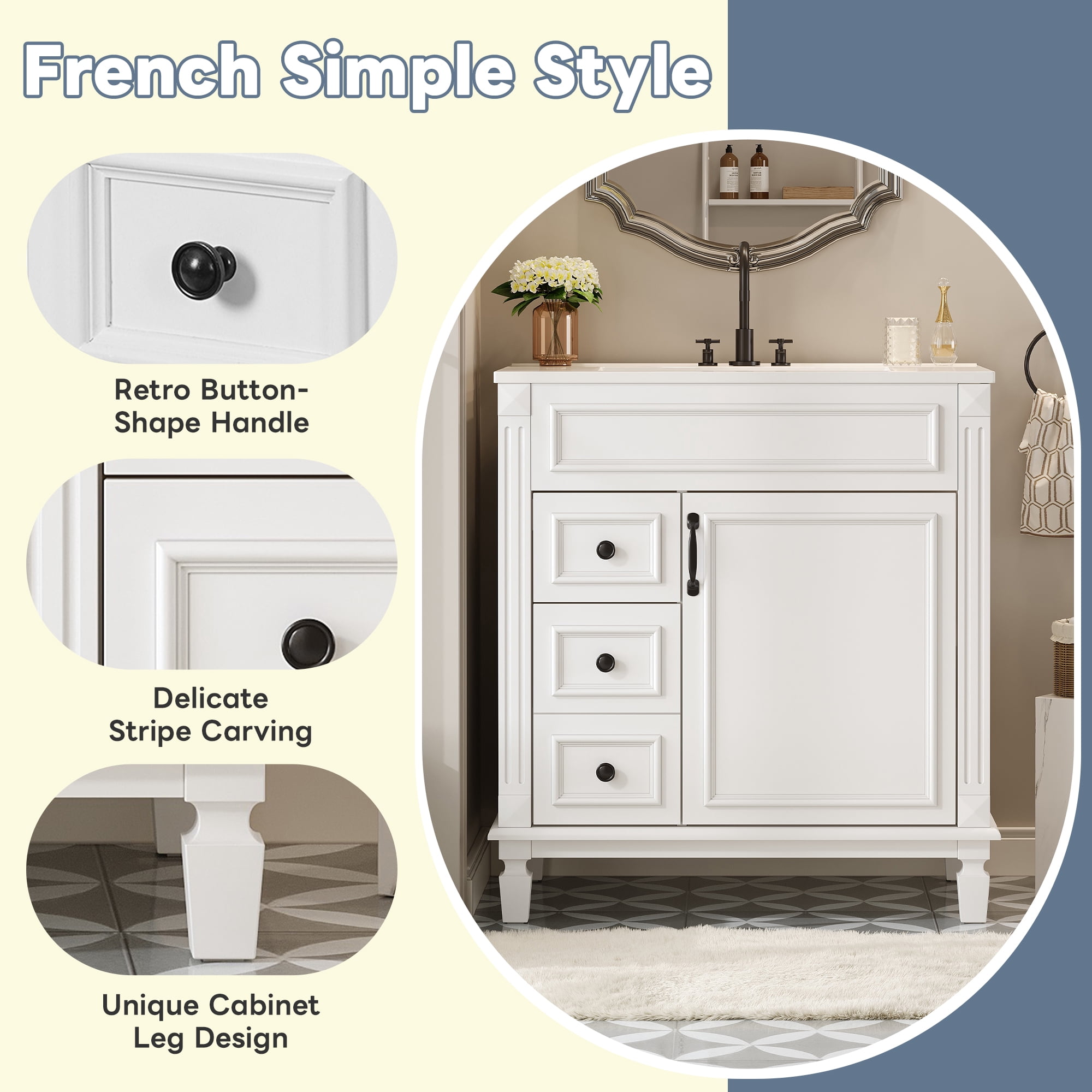 Euroco 30" Bathroom Vanity with Ceramic Sink, Small Bathroom Sink Cabinet, Modern Cabinet with 2 Drawers and Adjustable Shelf