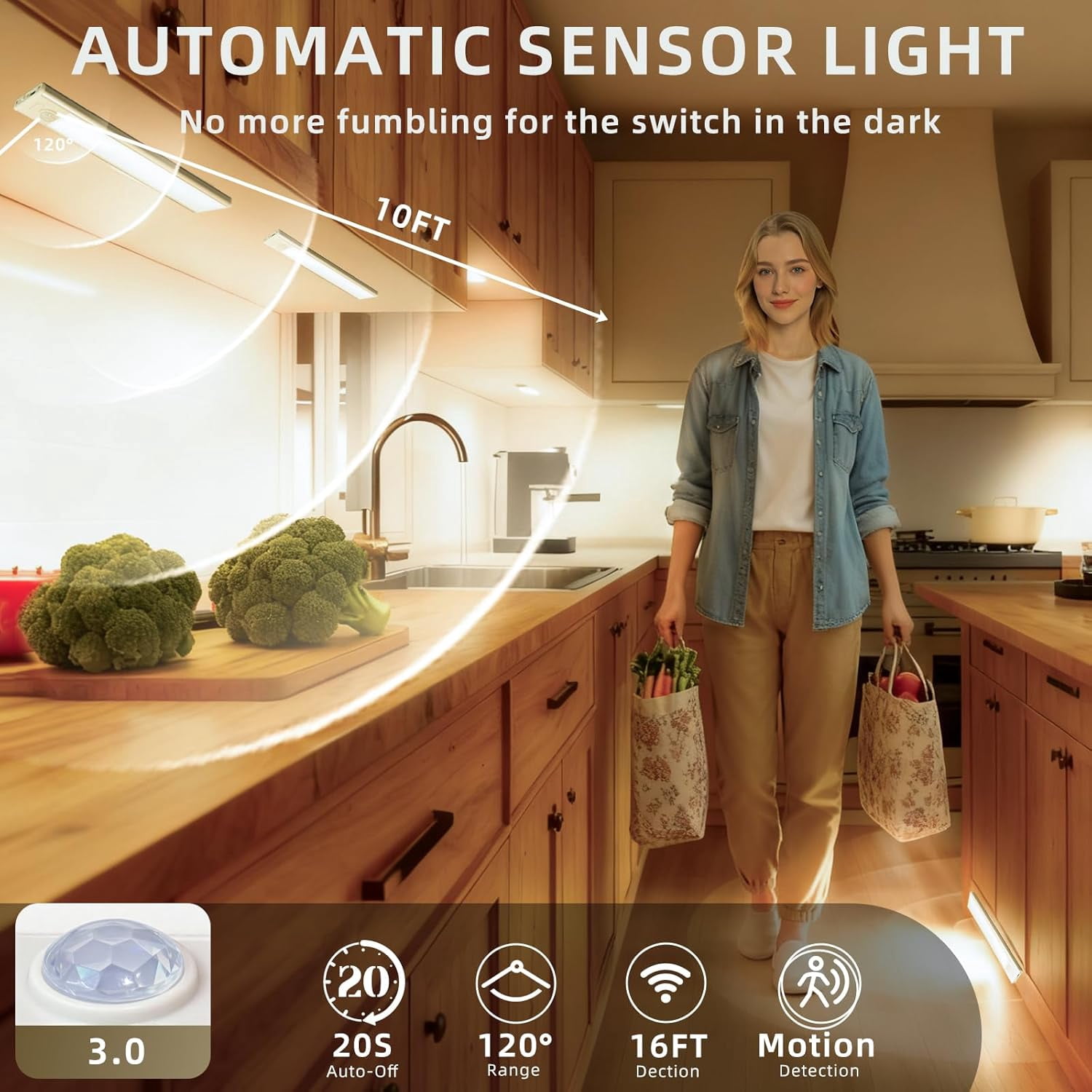 4 Pack Under Cabinet Lighting, Rechargeable Motion Sensor Light Indoor, Wireless Dimmable Magnetic Closet Lights, 32 LED Counter Lights for Kitchen, Wardrobe, Stairs, Warm
