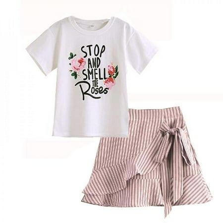 

Children Girls Casual Skirt Dress Clothes Sets Summer Floral Print Short Sleeve T-shirt+Mini Striped Skirts Cute Suits 2Pcs