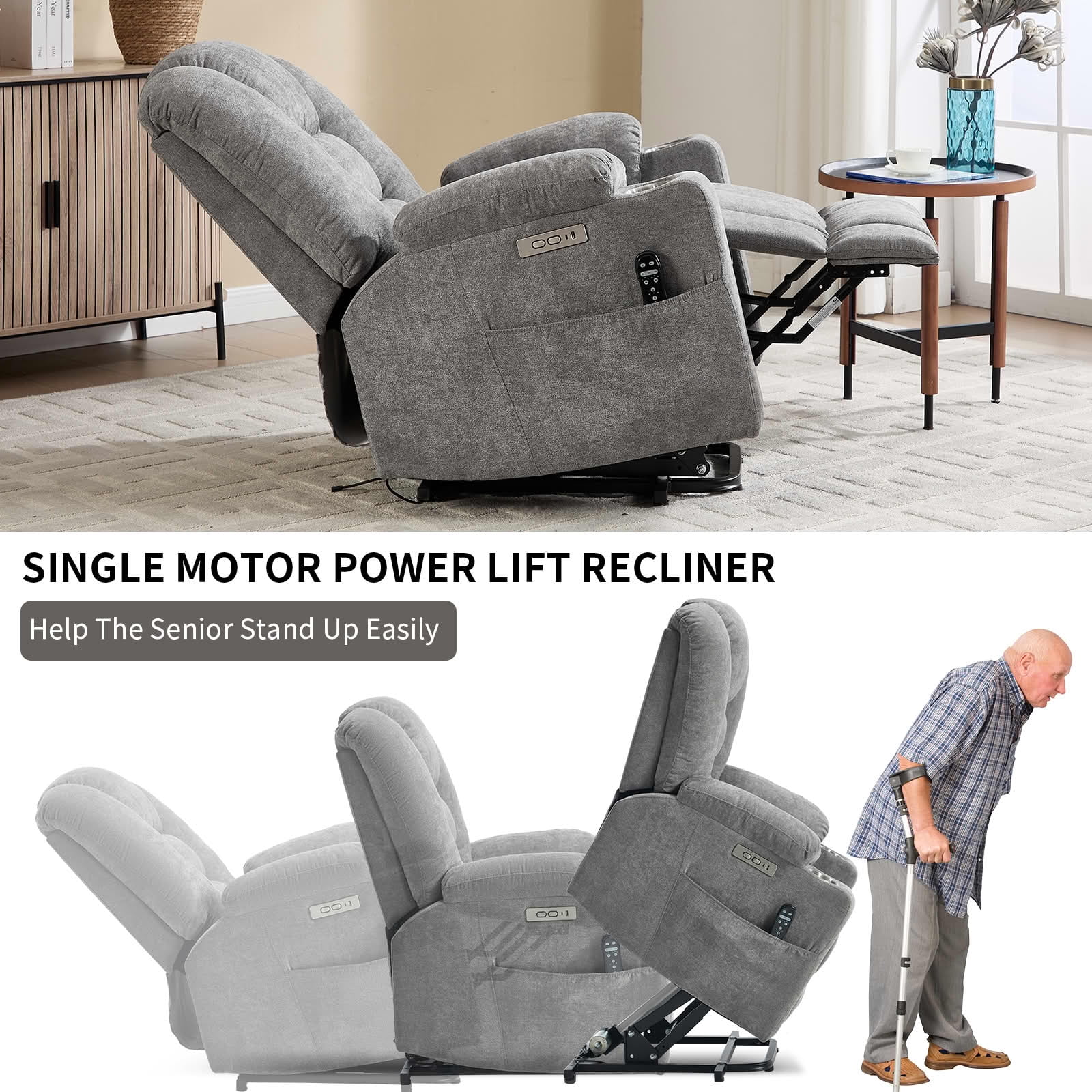 MAYEERTY Light Gray Chenille 350lbs Power Lift Recliner, Massage Heat USB-C 34"x39"x42" Wide Overstuffed for Elderly