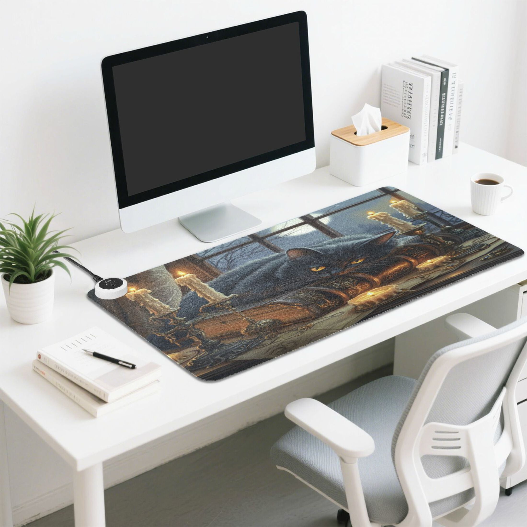 Wobogo Fluffy Black Cat Heated Mouse Pad Extra-Large Desk Mat With 3 Heating Levels and 3-hour Auto Shut-Off Protection Ideal for Computer Keyboards Home Office Hand-warming Essential 31.5in × 13in