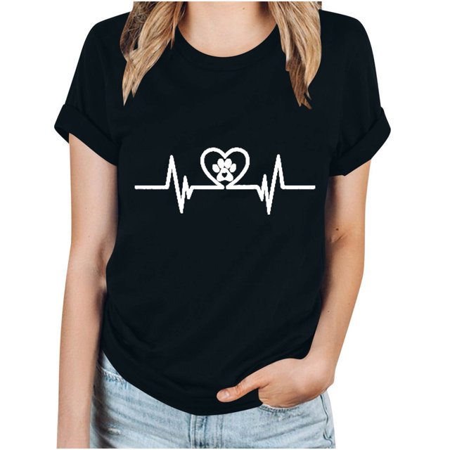 Puntoco Camiseta informal de manga corta con cuello redondo y estampado a la moda para mujer