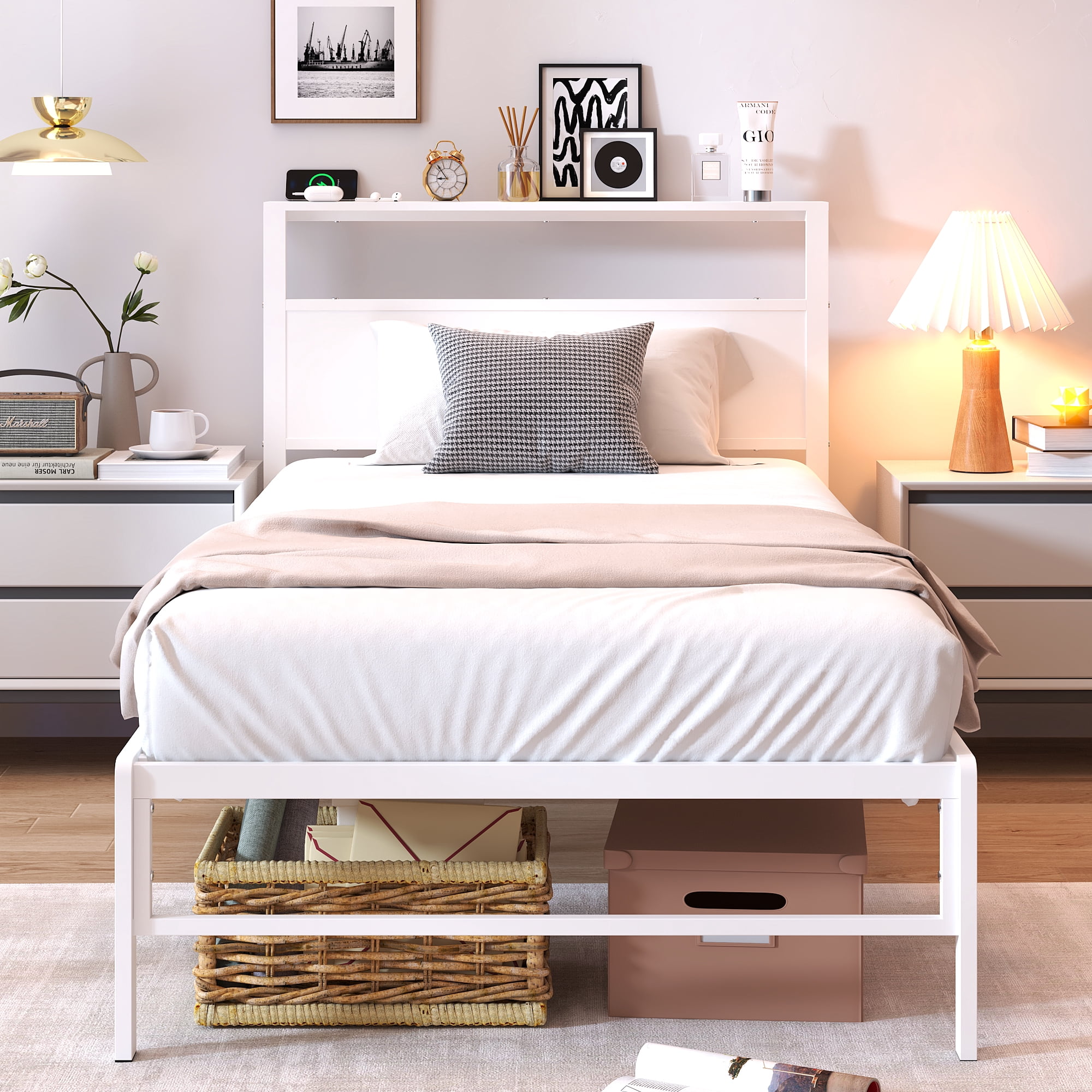 Yoneston Kids Twin Size Metal Platform Bed Frame with Storage Headboard, 12” Single Mattress Foundation for Childs Adults, White
