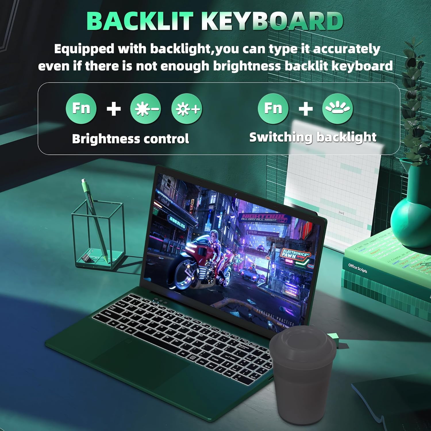 Rumtuk 16" Green Laptop, DDR4 16GB RAM, 1TB SSD, Win 11 Pro/Office 2019, Celeron N5105 CPU, FHD IPS Display, Backlit KB, Fingerprint, USB 3.0, HDMI, WiFi/BT, PC Notebook for Work, Study
