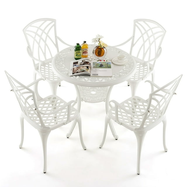Gymax Ensemble de Salle à Manger d'Extérieur en Aluminium Coulé Toutes Saisons 5 Pcs Table à Manger Ronde