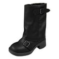 thumbnail image 6 of Fold over Mid Calf Boots for Women Vintage Leather Buckles Square Toe Chunky Heels Motorcycle Riding Tall Boots Black Size 6.5, 6 of 7