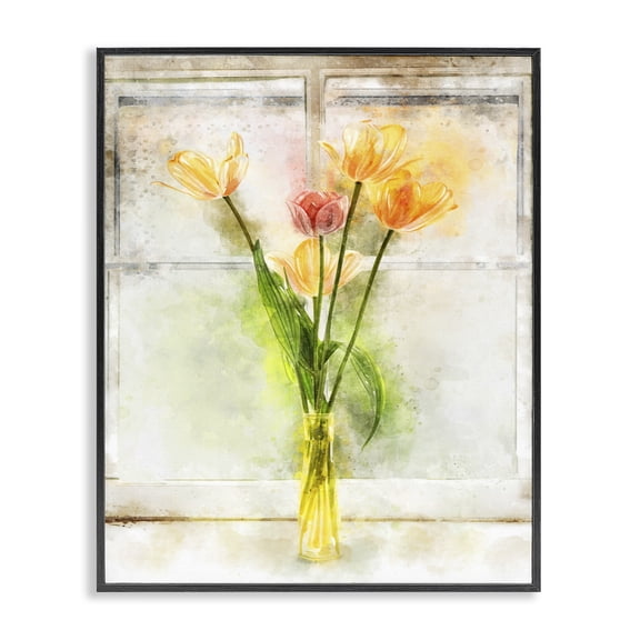 Stupell Industries French Country Tulip Vase in Window Sill Black Framed Giclee Art, 11 x 14, by Ziwei Li