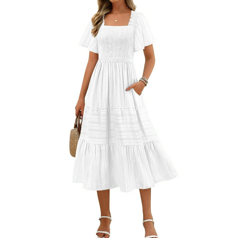basic flowy dress Flowy Dresses for Women Summer New Women's Summer Flowy Maxi Dress Short  Sleeve Smocked Tiered Ruffle Boho Dresses with Pockets White M