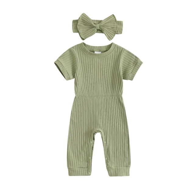 Gupgi Summer Newborn Girls Rib Romper 0-9 Months Baby Short Sleeve Solid Color Jumpsuit with Headband