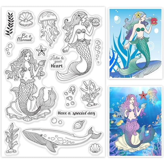 Mermaid and Jellyfish Silicone Clear Stamps Ocean Creatures Transparent Stamps for Birthday Valentine's Day Cards Making DIY Scrapbooking Photo Album Decoration Paper Craft