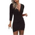 thumbnail image 1 of Robes Mignonnes pour Femmes Robe Moulante Froncée Manches 3/4 Col en V Élégante Cocktail Mini Robes Mini Robes S-49 Noir m, 1 of 6