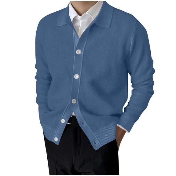 Men's Cardigan Sweater Long Sleeve Lapel Collar Button Down Solid Knit Outerwear Blue L