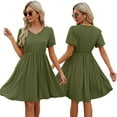 thumbnail image 3 of FLMEI Casual Pleated Dress for Womens V Neck Pleated Dress Swing Mini Dress Female A-Line Sundresses S-XXL, 3 of 9
