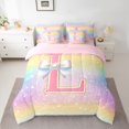 thumbnail image 2 of Homewish Initial L Letter Bedding Comforter Set 7pcs for Girls, Dreamy Galaxy Stars Rainbow King Bedding Sets, Cute Princess Style Reversible Bed Sheets, Luxury Bedroom Decor, 2 of 7