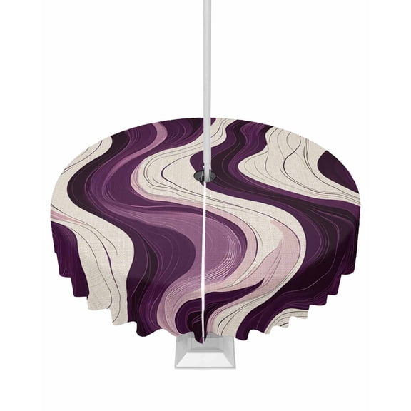 Outdoor Tablecloth with Umbrella Hole for Patio/Picnic/Party/Camping, Geometric Purple Waterproof Table Cloth Round Cover Washable, Vintage White Stripe Coastal Sea Wave Dia 54"