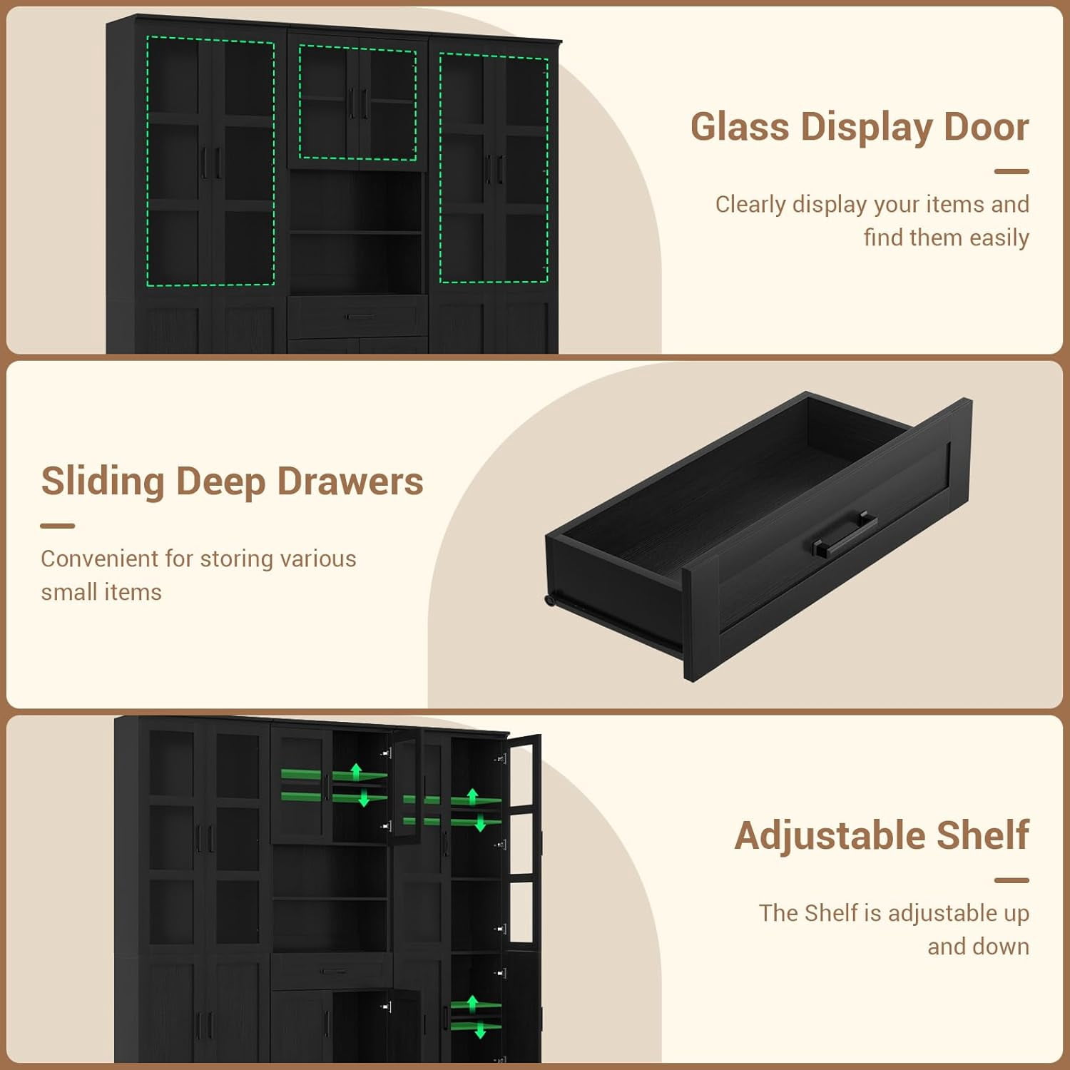Homieasy 79.7'' Tall Pantry Cabinet 3-Piece Set - 70.8'' Width Kitchen Hutch Cabinet with Drawer and Adjustable Shelves, Suitable for Dining/Kitchen/Living Room, Black