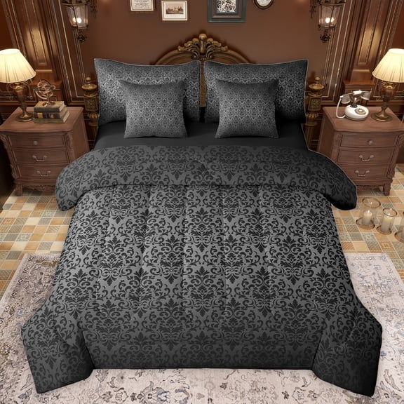 jejeloiu Black Damsk Pattern 7-Piece Twin Bedding Sets,Rustic Baroque Victorian Bedding Comforter Set,Gothic Flower Floral Sheet Sets For Bots Teens,Ultra Soft Home Decor Reversible