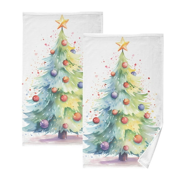 Christmas Green Trees Bath Hand Towels 2 Pcs Absorbent Face Towel Soft Breathable Cotton Towel Set for Bathroom Kitchen Hotel Spa Decor