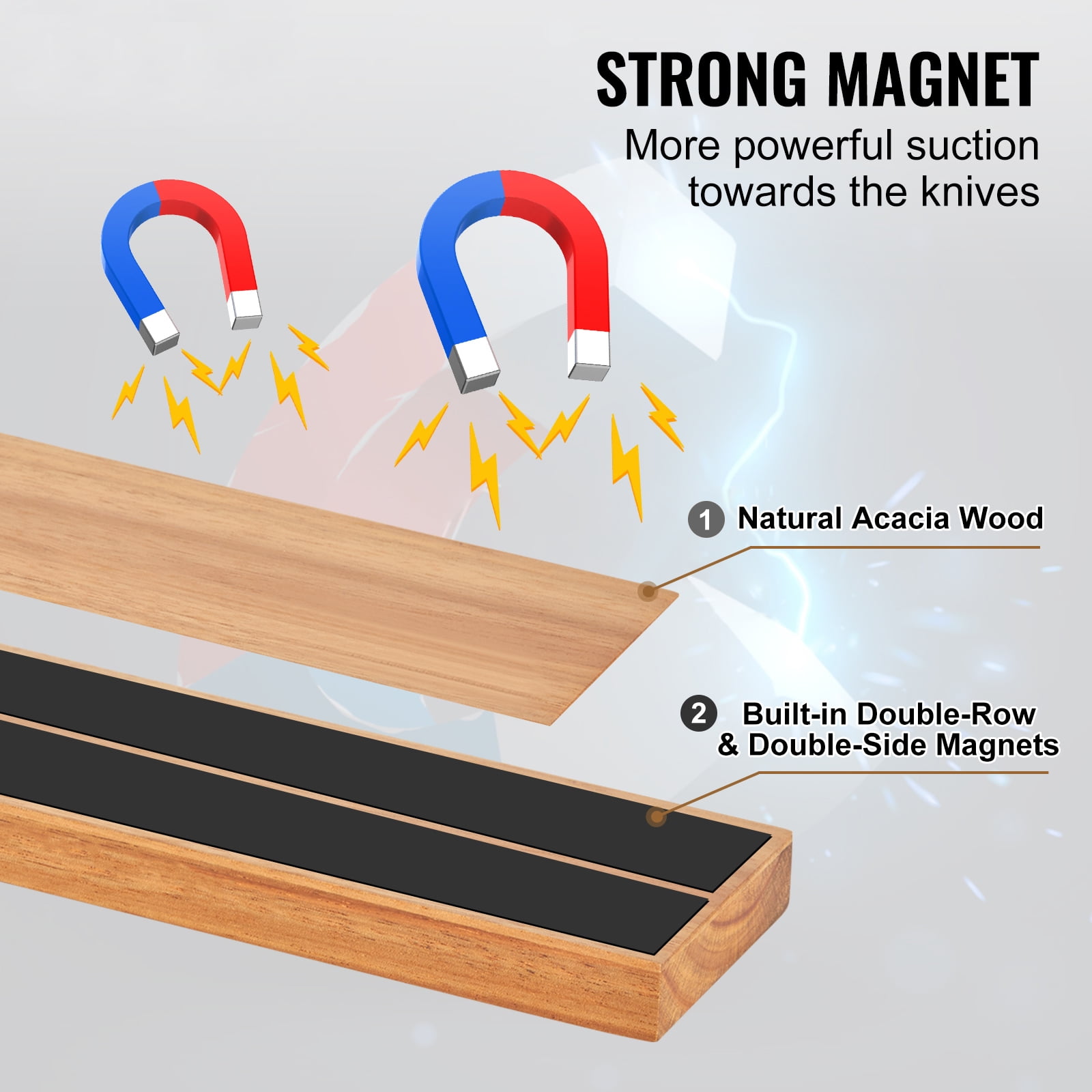 BENTISM 10" Magnetic Knife Storage Holder Wall Mount Knife Strip Acacia Wood