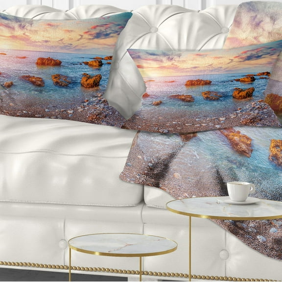 Designart Mediterranean Sea Sunrise - Seashore Photography Throw Pillow - 12x20