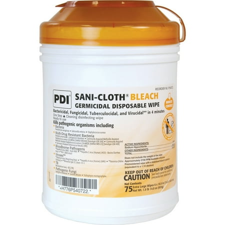 - Sani-Cloth, NICPSBW077072, Disposable Bleach Wipes, 75 / Each, White