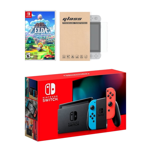 New Nintendo Switch Red/Blue Joy-Con Improved Battery Life Console Bundle with The Legend of Zelda: Link's Awakening NS Game Disc and Mytrix NS Tempered Glass Screen Protector - 2019 New Game!