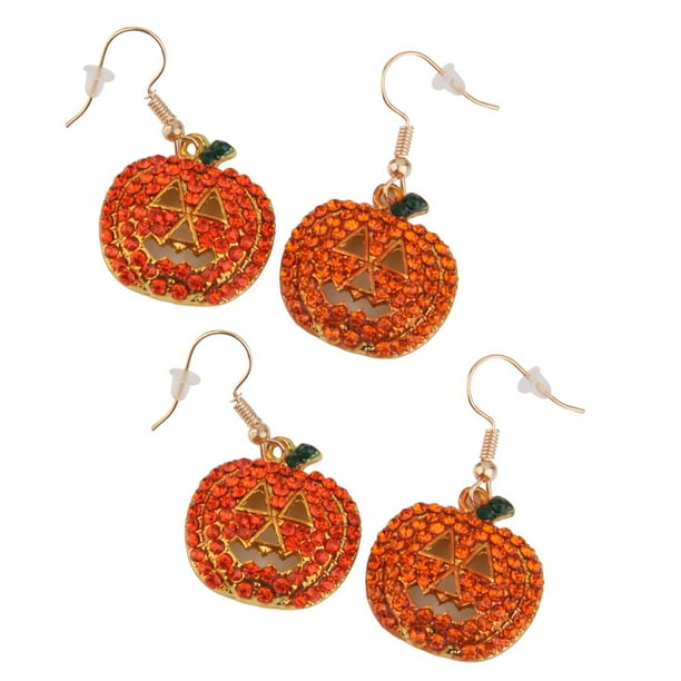 2 Pares de Calabaza Festiva Naranja Cara Sonriente Aretes de Halloween Pavimentados de Cristal