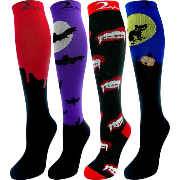 4 Pair Small/Medium Colorful Moderate Graduated Compression Socks 15-20 mmHg. Mens & Womens Knee-High Comfort Blend. Halloween Dark Festive Designs