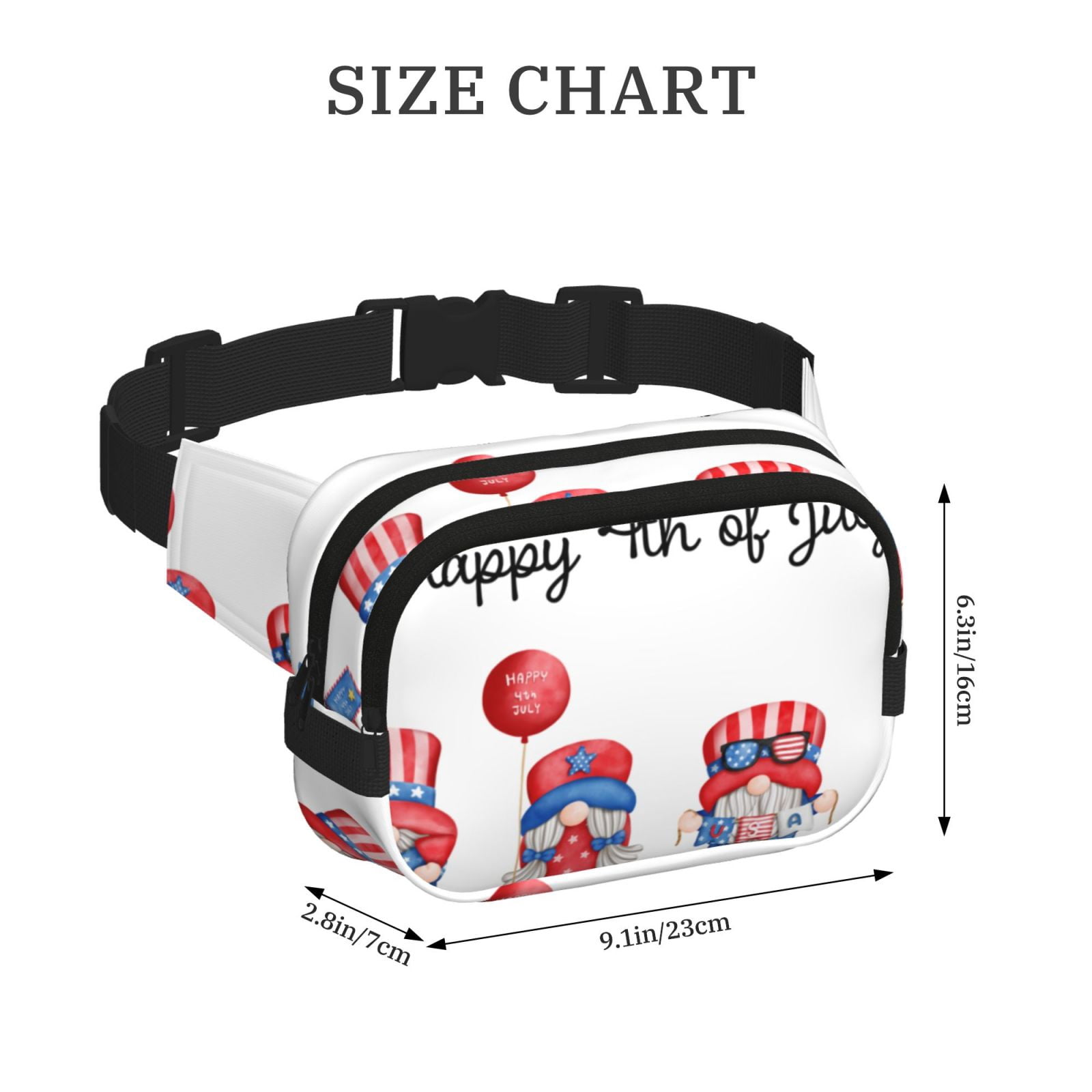 Picia Happy Independence Day Gnome Print Square Double-Layer Waist Bag Mini Adjustable Waist Belt Bag Exercise Running Travel Hiking