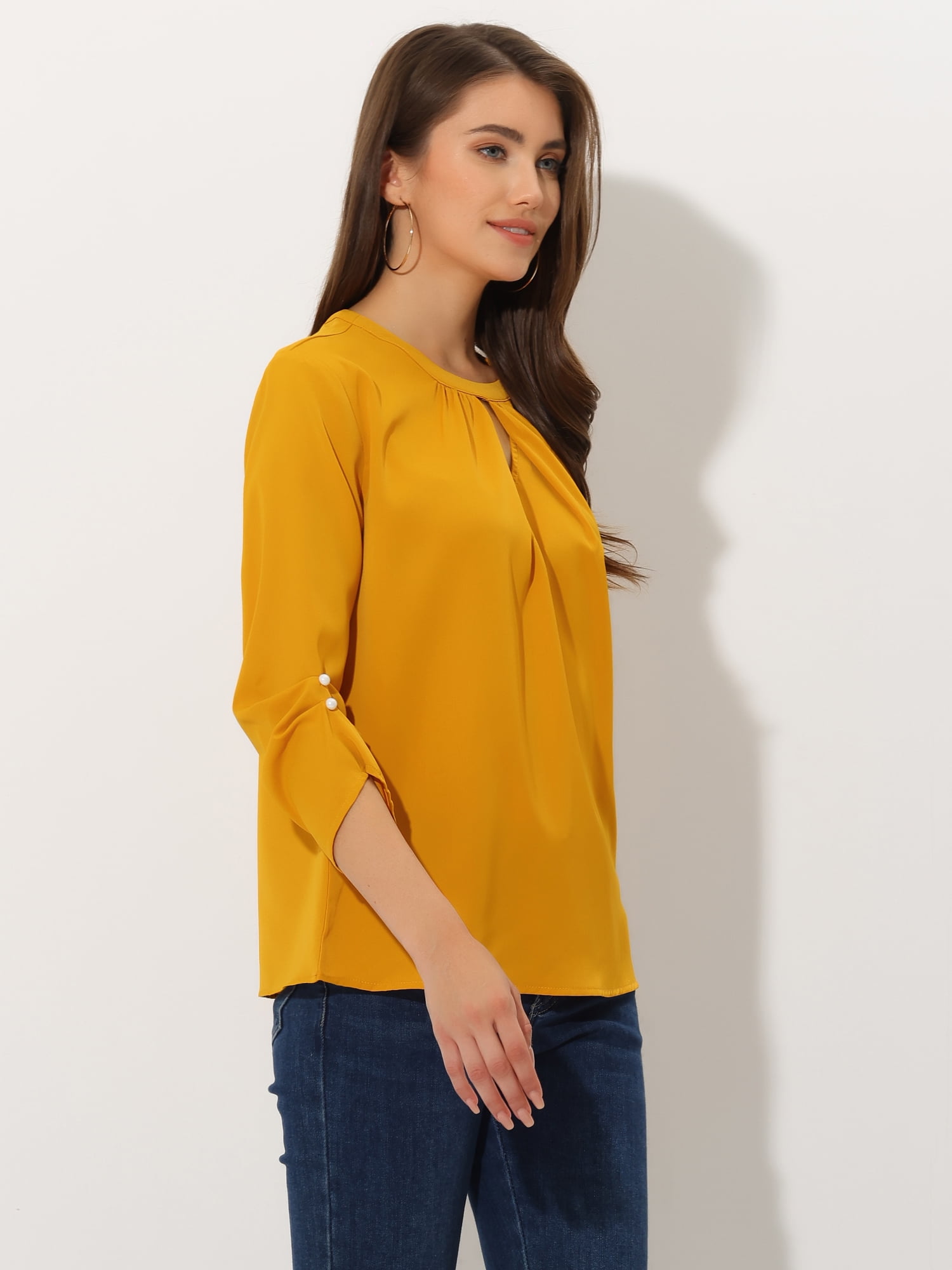 DARING DIVA Round Neck Keyhole Pleated Shirred Work Top M Ginger