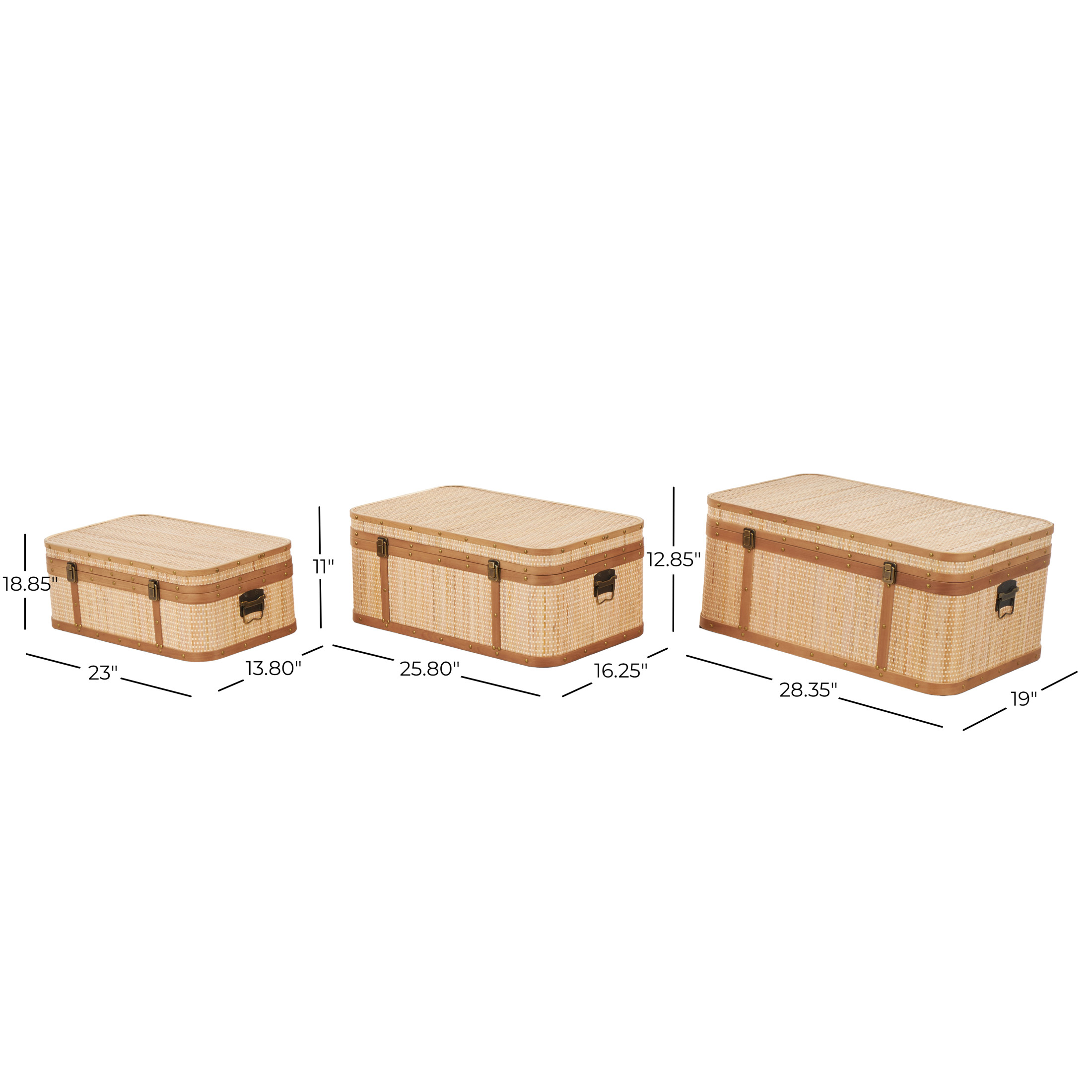 DecMode 28" x 13" Light Brown Rattan Woven Trunk with Brass Metal Latches and Brown Wooden Accents, 3-Pieces
