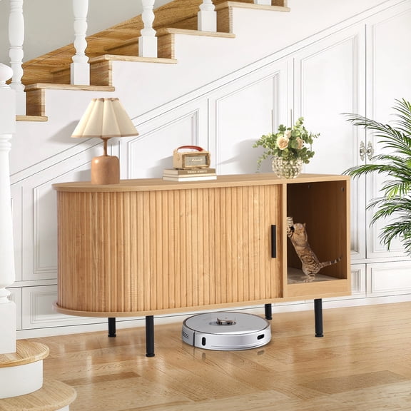 Magic Union Cat Litter Box Enclosure, 37.4" Cats Litter Box Furniture w/Cat Scratch Pad & Cats Ball, Hidden Litter Box Cabinet w/Sliding Door, Indoor Cats House, TV Stand, Side End Table