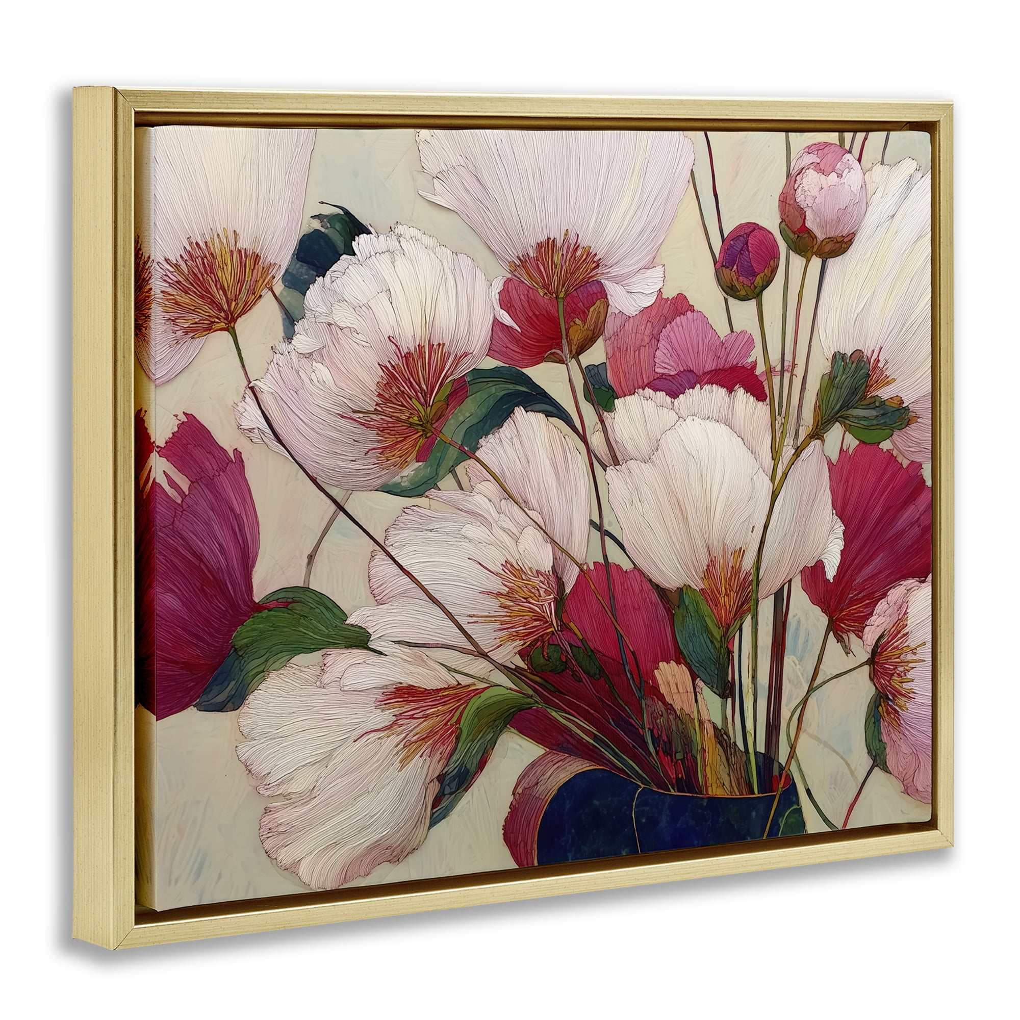 Lush Haiku Pink & White Flowers Gold Framed Floater Canvas Wall Art, design by Annabelle Hall