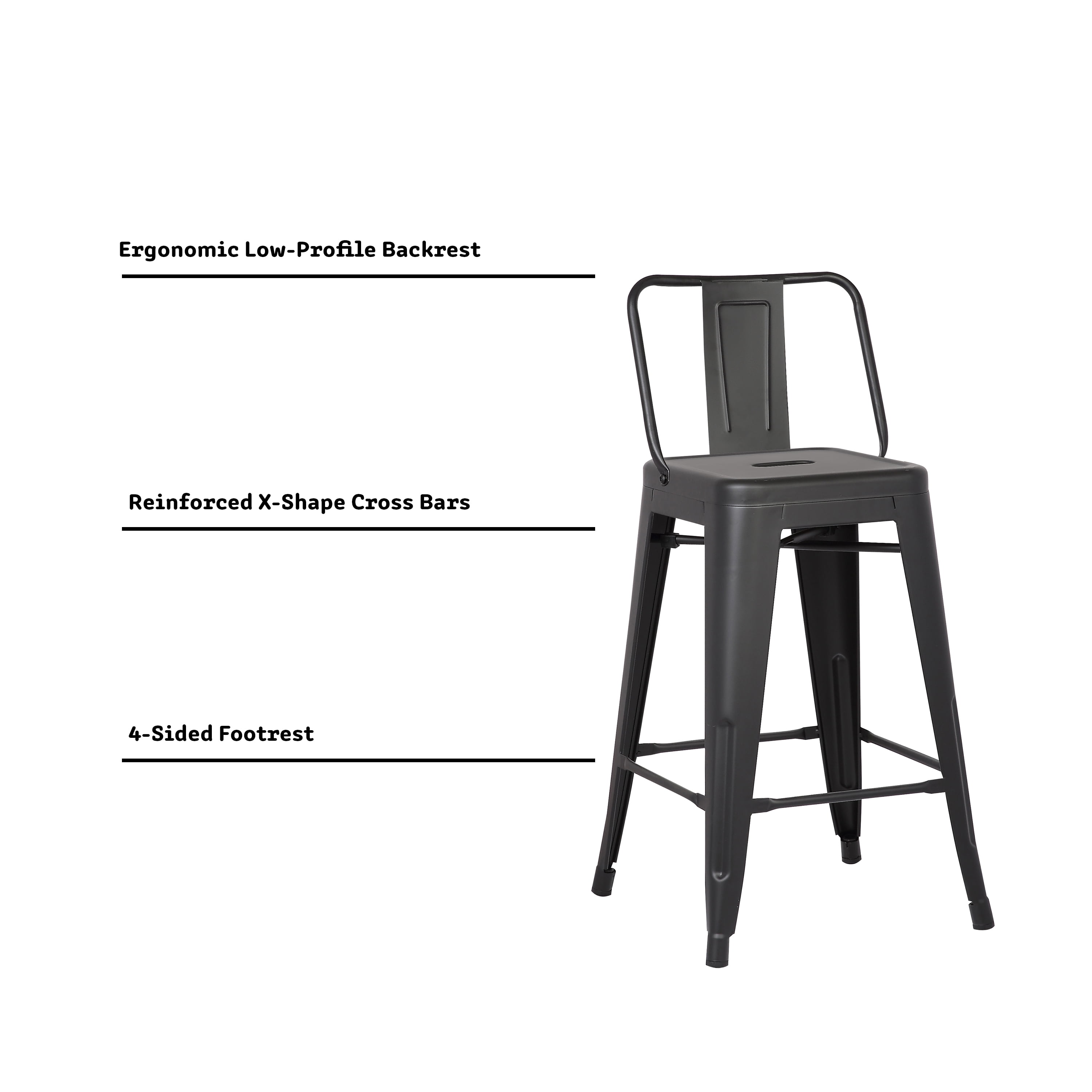 24"Metal Barstool,Country Rustic Style with Back, Kitchen Counter Bar Stool, Lightweight & Sturdy Build, Set of 4