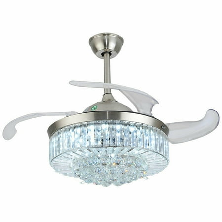 

OUKANING 42 Crystal Ceiling Fan Light LED Chandelier W/ Retractable Blades Remote Silver