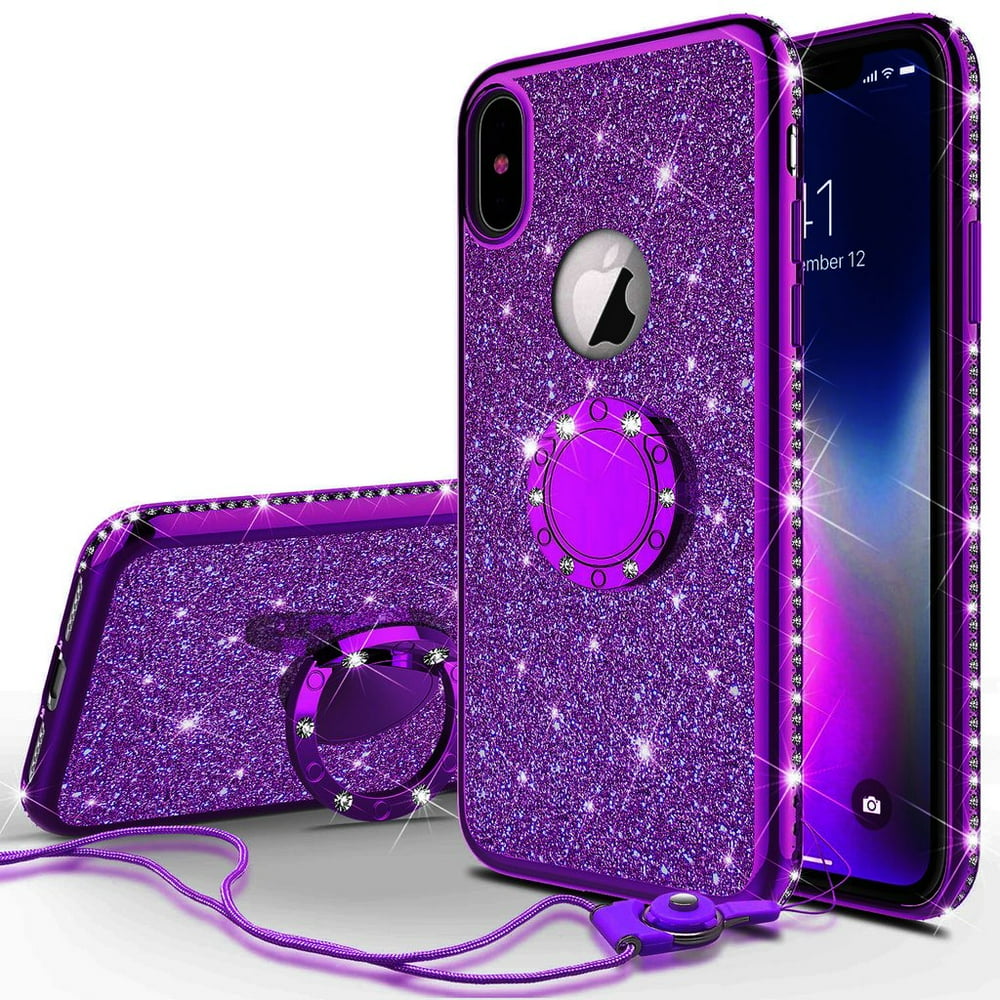 Glitter Cute Ring Stand Phone Case for Apple iPhone X Case,Bling Bumper Kickstand Sparkly Clear