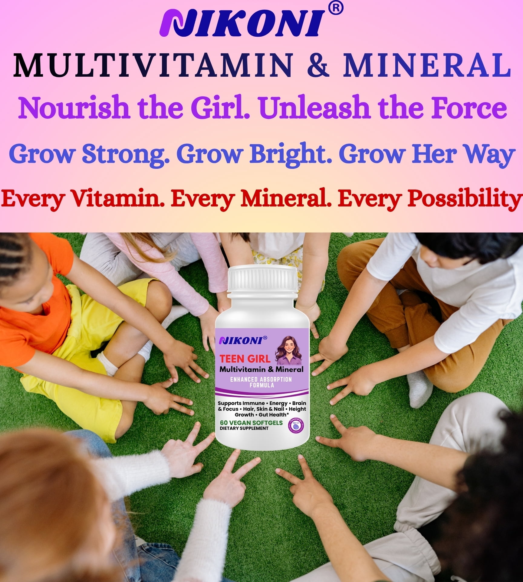 Nikoni Teen Girl Multivitamin & Mineral Vegan Softgels Enhanced Absorption Formula 60 Count