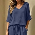thumbnail image 5 of CYMMPU Women's Summer Linen Blend 2-Piece Outfit, V-Neck 3/4 Sleeve Top with Drawstring Pants, Casual Loungewear Set Navy XL, 5 of 7
