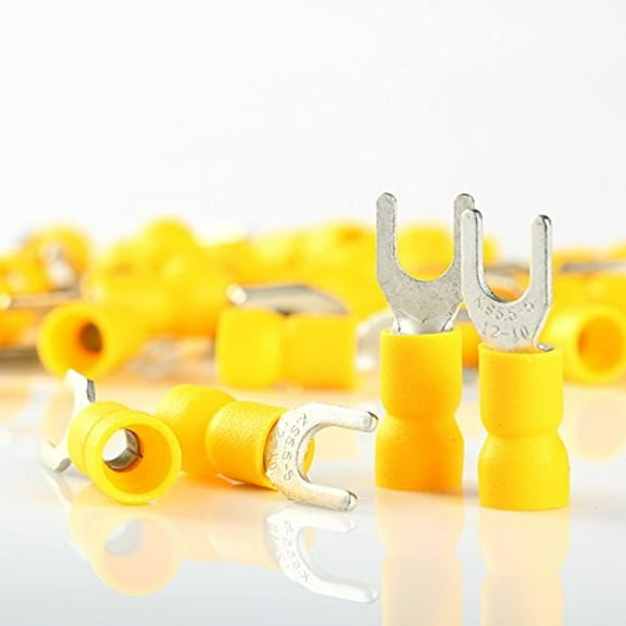 100pcs Yellow Vinyl Insulated 12-10 Gauge #10 Spade Terminal
