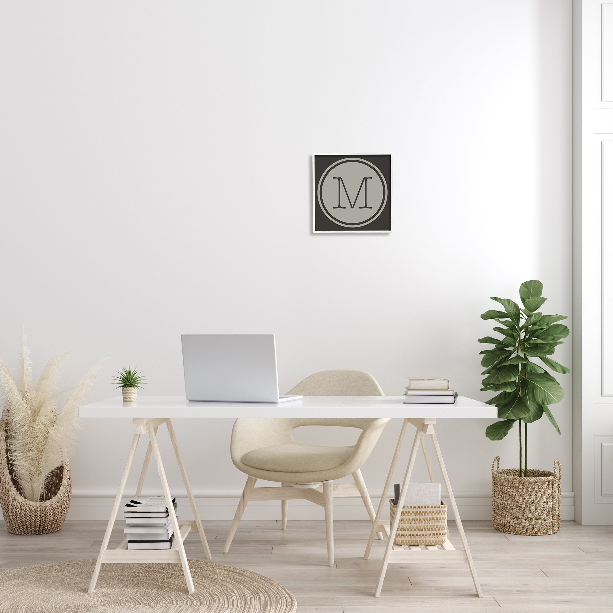 Stupell Industries Modern J Initial Round Elevator Key Shape Typography Painting White Framed Art Print Wall Art, 12 x 12