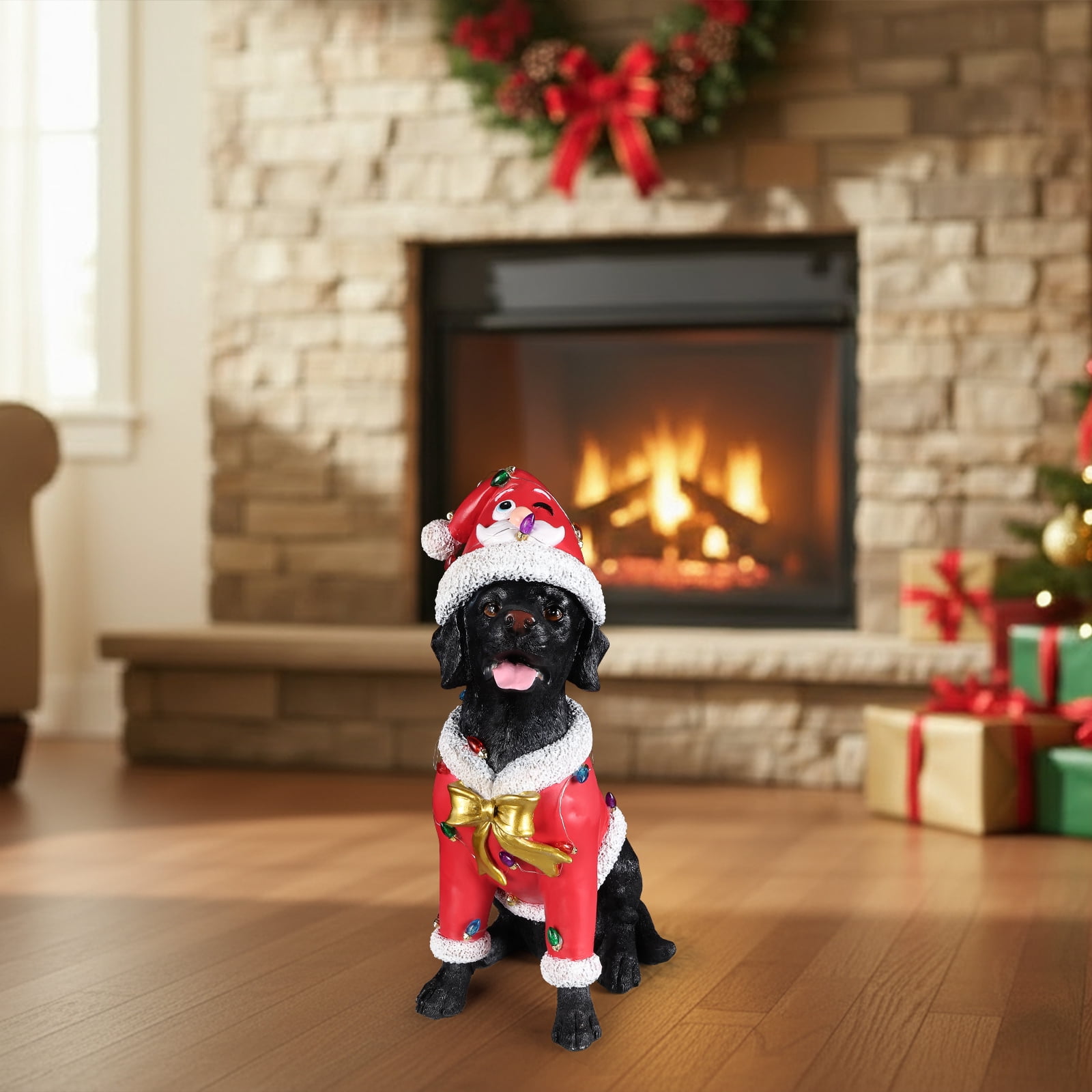 Black Labrador Red Santa Outfit Christmas Dog Statue with Santa Hat Holiday Tabletop Decor