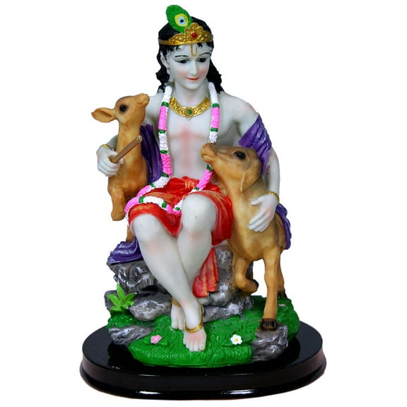 Krishna Statue 7.5" Krishna Govinda embracing a Calf and a Deer (K13)