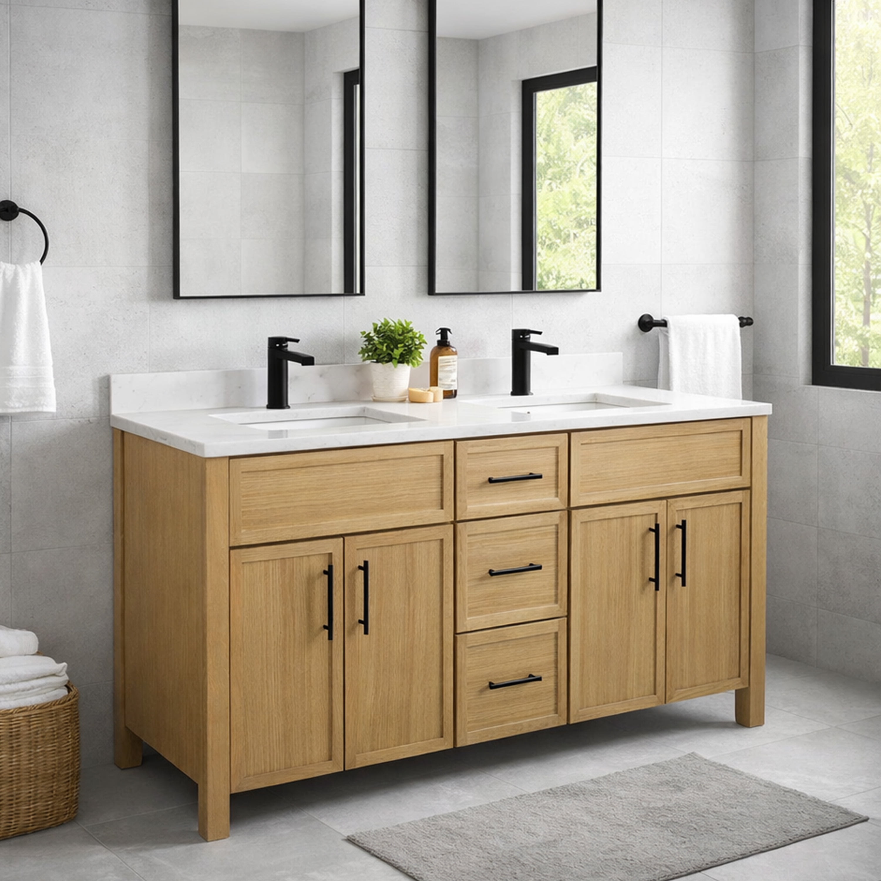 Design House Dawson 60-Inch Bathroom Vanity Cabinet, Fully Assembled, 4-Door 3-Drawer Freestanding, Comfort Height 34 in., Riffed Oak, Matte Black Hardware, 228453-ROAK-FA