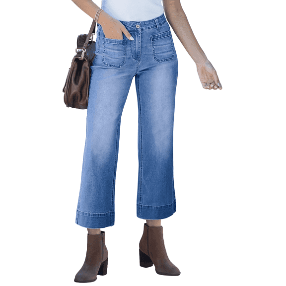 Women's Wide Leg Jeans Denim Pants Crop Flare Leg Jeans High Waisted Stretchy Straight Leg with Buttoned AnklesTrendy Casual with Pocket Light Blue