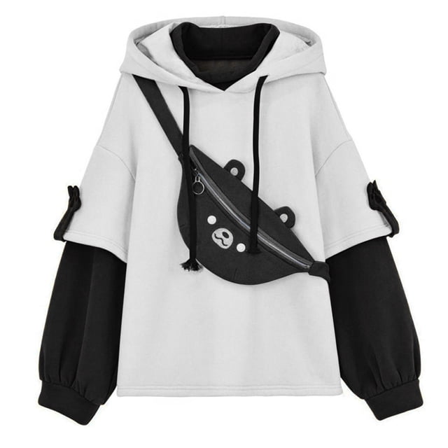 Gibobby Sudadera con cremallera Sudadera con capucha de para mujer Otoño Patchwork Sudaderas de manga larga con lindo bolso de personalidad (Negro, S)