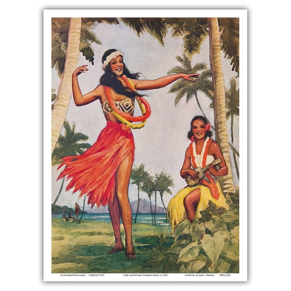 Christmas Hula in Hawaii - Dinner Menu Cover - Vintage Hawaiian Menu Cover c.1938 - Master Art Print (Unframed) 9in x 12in