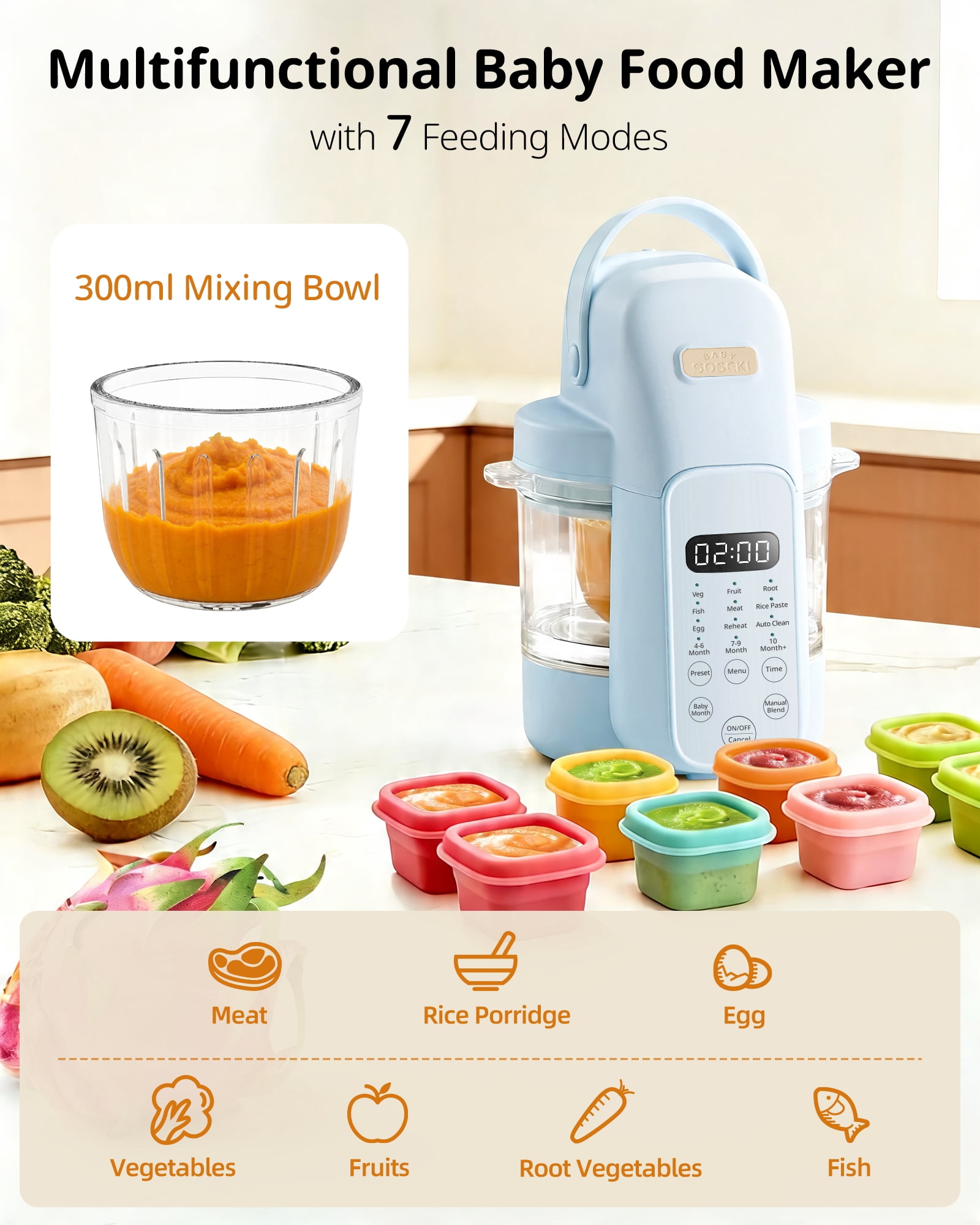 SosekiBaby FM01 Glass Baby Food Maker Steamer and Blender, 316L Stainless Steel Blades,One Step Baby Food Processor Puree Maker for Homemade Baby Food, Auto Cooking & Easy Cleaning,BPA-Free